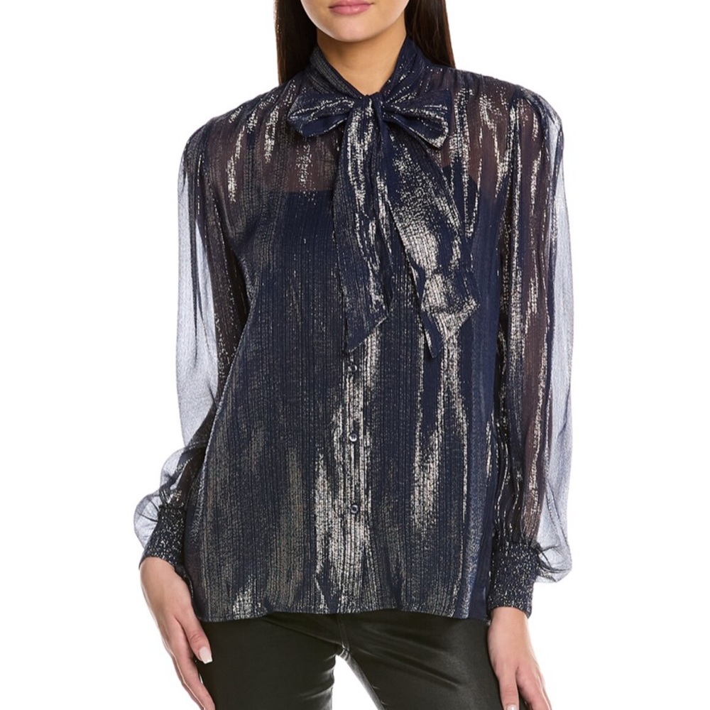 NWT MAJE Sheer Silk Blend Tie Neck Blouse